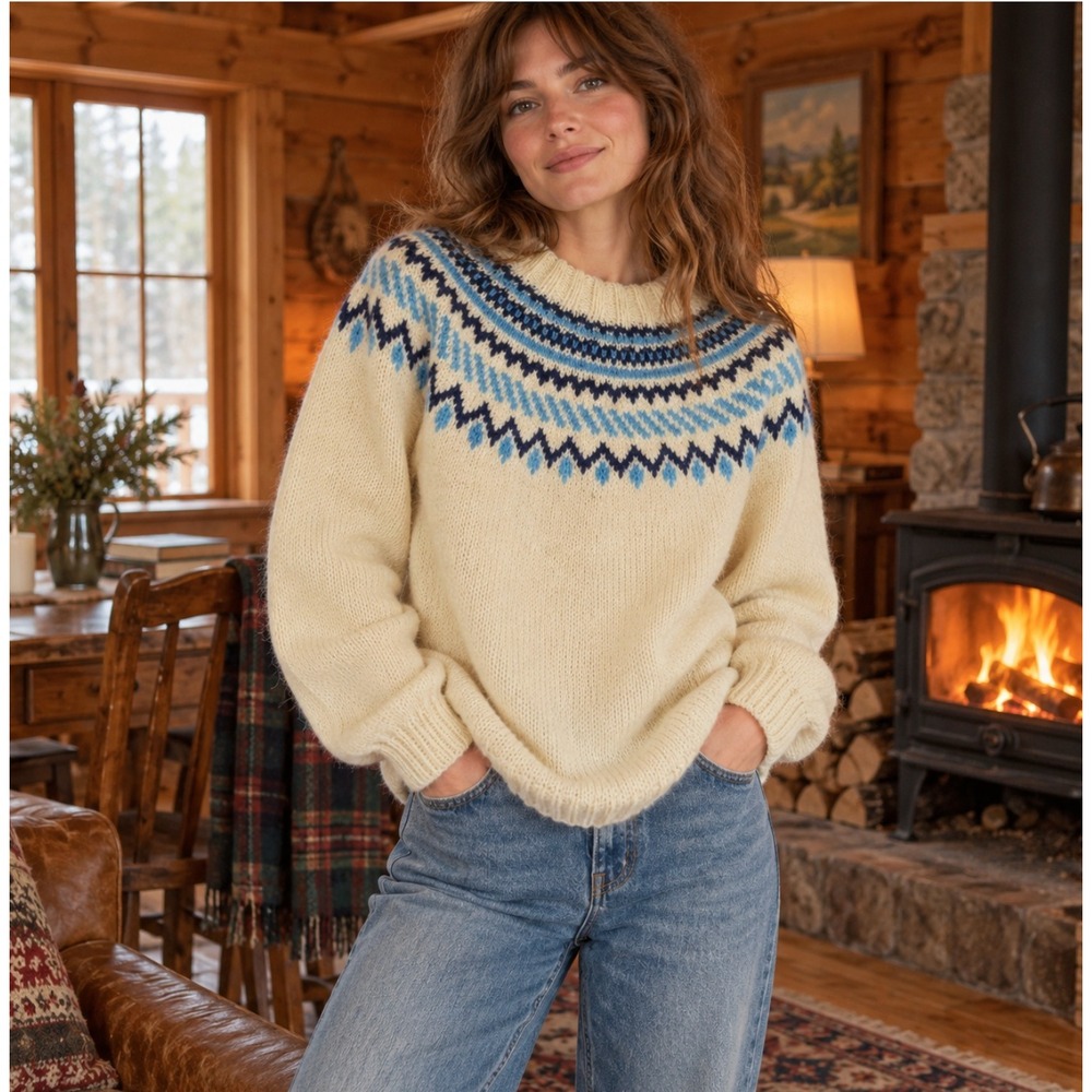 Vintage Heavy Wool Fair Isle Pullover Sweater Handmade Preppy Fisherman Ski Cozy
